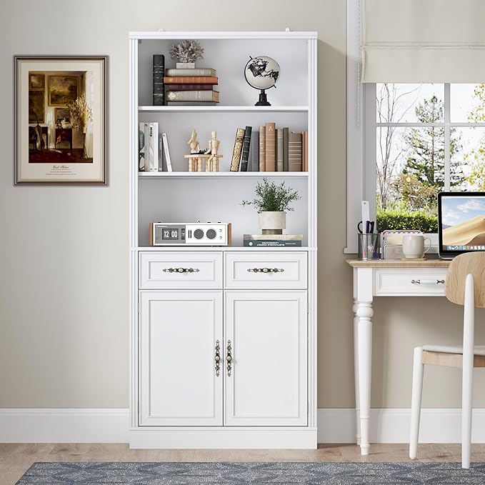 BORNOON 70.1" Tall Bookshelf with Drawers & Cabinet, 5-Tier Floor Standing Bookcase with Storage Doors, Adjustable Shelves & Metal Handles, 31.5" Wide Organizer for Home Office, Living Room