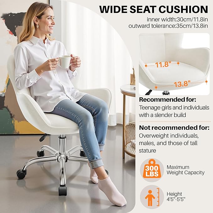 Vanity Chair with Wheels, Cute Home Office Desk Chairs Adjustable Height for Living Bedroom, Small Modern Fluffy Velvet Makeup Chair with Back for Girls (White)
