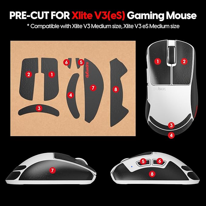 Pulsar Gaming Gears SUPERGRIP Griptape Set for Xlite v3, ES v3 Medium Sweat Absorbing High Performance Anti Slip 3M Adhesive no Residue Mouse Grip Tape Ultra-Thin 0.5mm (0.02in)