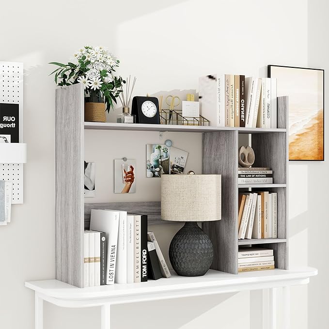FTZxHKLX Desktop Bookshelf, Wooden Desk Hutch for Computer Monitor Up to 27'' with 3 Open Storage Shelves, Large 4-Tier Desk Organizer for Dorm Office Home, Wash Grey