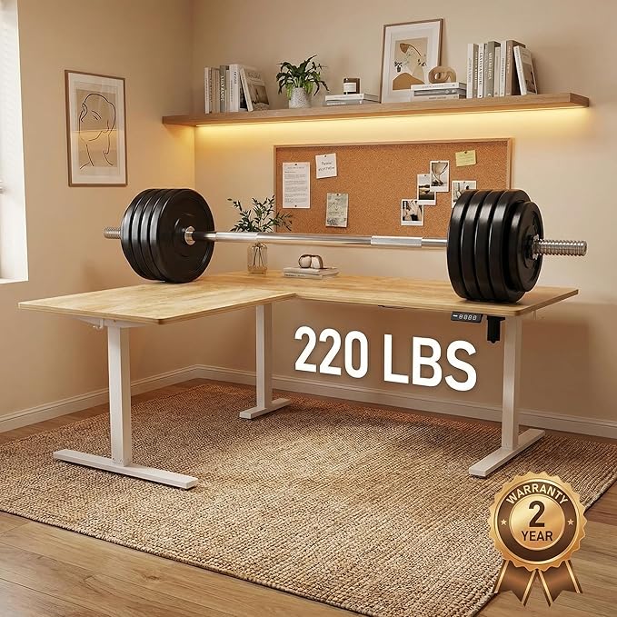 Grandder 75 x 61 Inch L Shaped Standing Desk, Electric Height Adjustable Corner Stand Up Desk, Sit Stand Corner Table Home Office Table, Oak Top White Frame