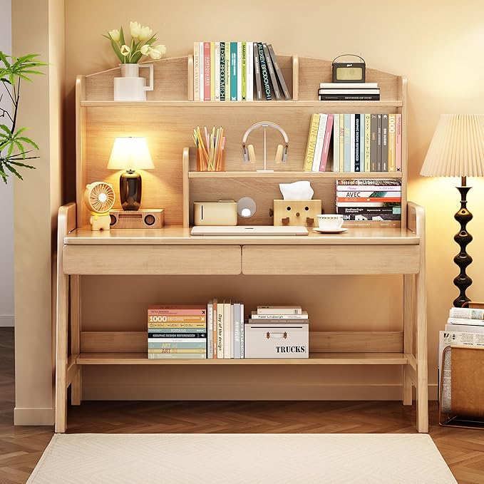 Kids Desk Kids Table Wooden Children’s Study Desk with Bookshelf＆Two Drawers Children Study＆Writing＆Computer＆Workstation for 3 and Above(Nature