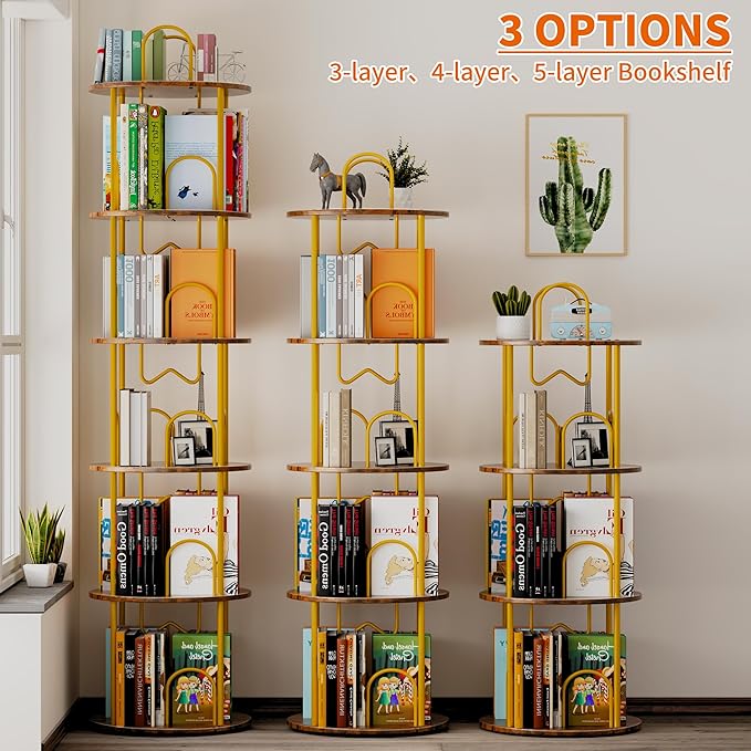 5 Tier Rotating Bookshelf, 360° Spinning Bookshelf Tower, Narrow Corner Book Shelf, Revolving Bookcase Corner Tall Book Shelf for Small Spaces, Bedroom, Living Room, Gold