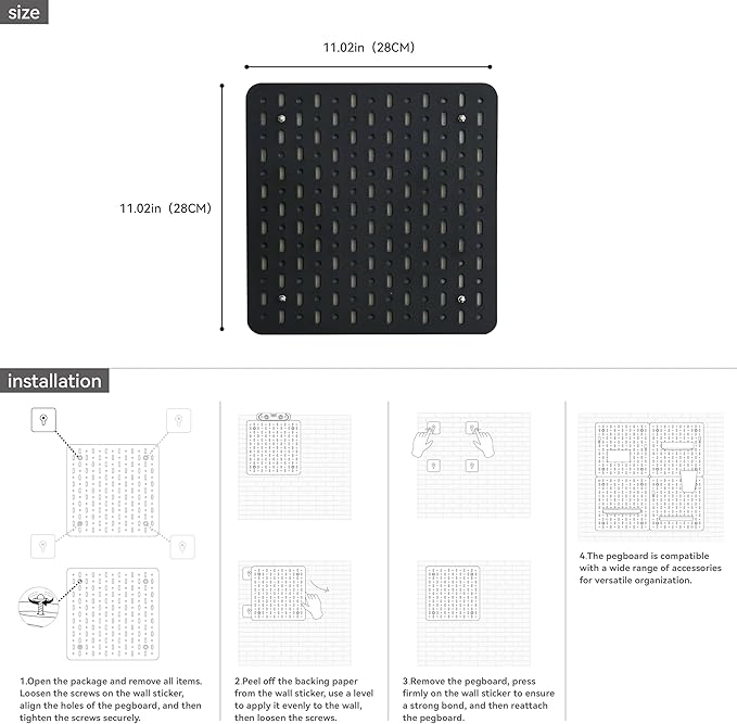 No Drill Pegboard Wall Organizer - HIPS Material Gaming & Office Storage with Accessories, White/Black/Pink Combination for Men Women Space-Saving (Black)