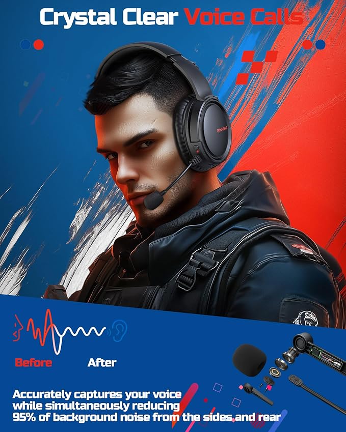 BINNUNE Wireless Gaming Headset with Mic, Lightweight Over-Ear Gaming Headphones Comfort for Long Gaming Sessions, Low Latency Wireless + Bluetooth, Noise Cancelling Mic, 50mm Drivers, 40H Battery