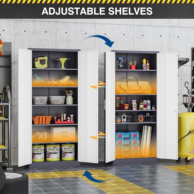 Fesbos Metal Storage Cabinet-72” Tall Steel File Cabinets with Lockable Doors and 5 Adjustable Shelves-Gray&White Steel Storage Cabinet for Home, School, Office, Garage