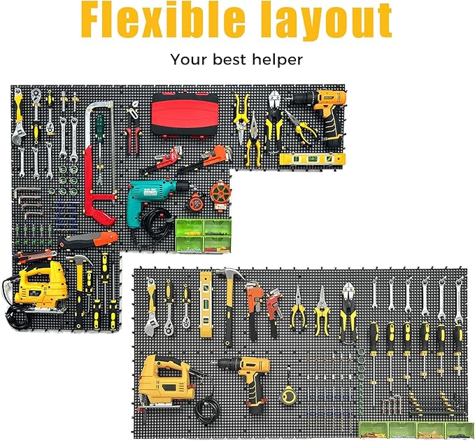 Pegboard Kit: 12 Panels (47" x 24" / 120x60cm, Black) + 428 Hooks & Accessories, Heavy Duty Rustproof Plastic Peg Board for Home, Garage, and Craft Room Tool Storage