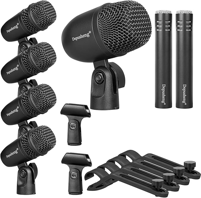 Depusheng 7-Piece Drum Microphone Set with 5 Dynamic Percussion Microphones and 2 Condenser Percussion Microphones Ideal for Instrument Recording and Music Production