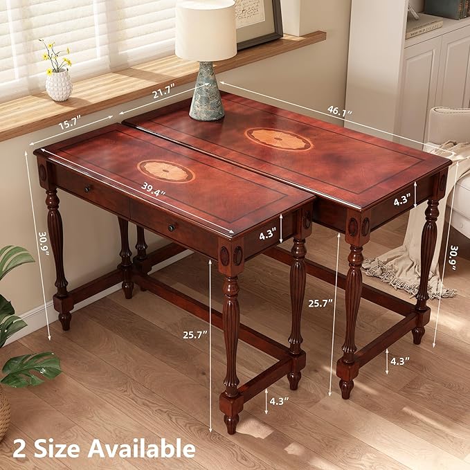Vintage Wooden Writing Desk Stool Set, Large Secretary Desk and Cushioned Stool Set with 2 Drawers, 46" W Wood Writing Table Vanity Makeup Table Sets for Home Office-Cheery&Beige