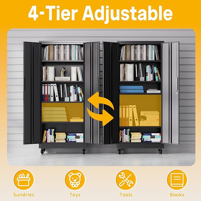 Metal Storage Cabinet with Wheels, 74.5" Garage Storage Cabinet with 4 Adjustable Shelves & Lockable Doors, Heavy Duty Garage Cabinets for Office, Home, Garage, Gym, School