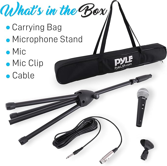 Professional Handheld Dynamic Microphone Kit - Unidirectional Vocal Wired Microphone w/Carry Bag, Metal Mic Stand, Holder/Clip & 16.4ft XLR Audio Cable to 1/4'' Audio Connection - Pyle PDMIC88ST
