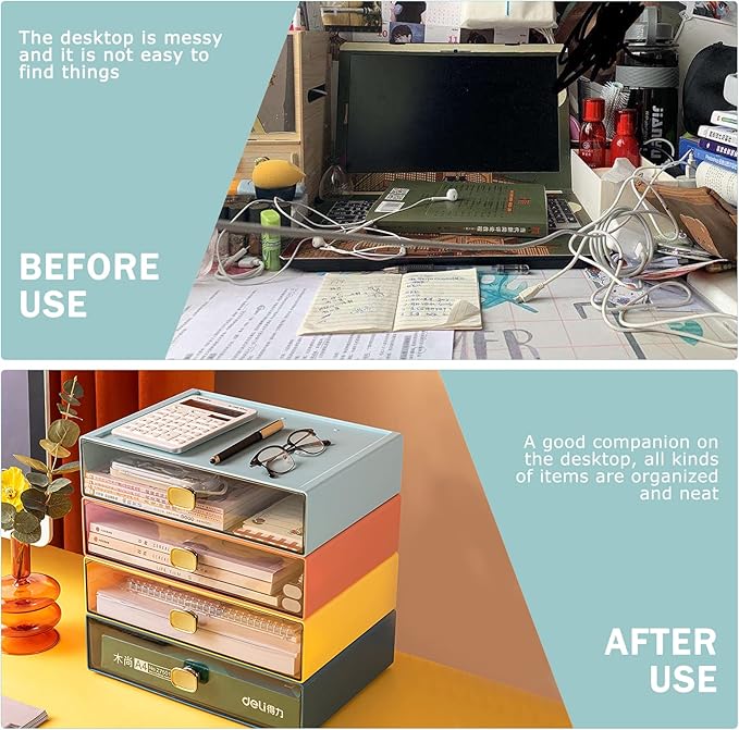2PACK Stackable Desk Organizer Drawer 6.5"x9"x3" Desk Storage Drawer for Office Clear Plastic Organizer with Drawer for Stationery Cosmetic, Pen, Jewelry, Lipsticks (Yellow, M-2 Drawer)