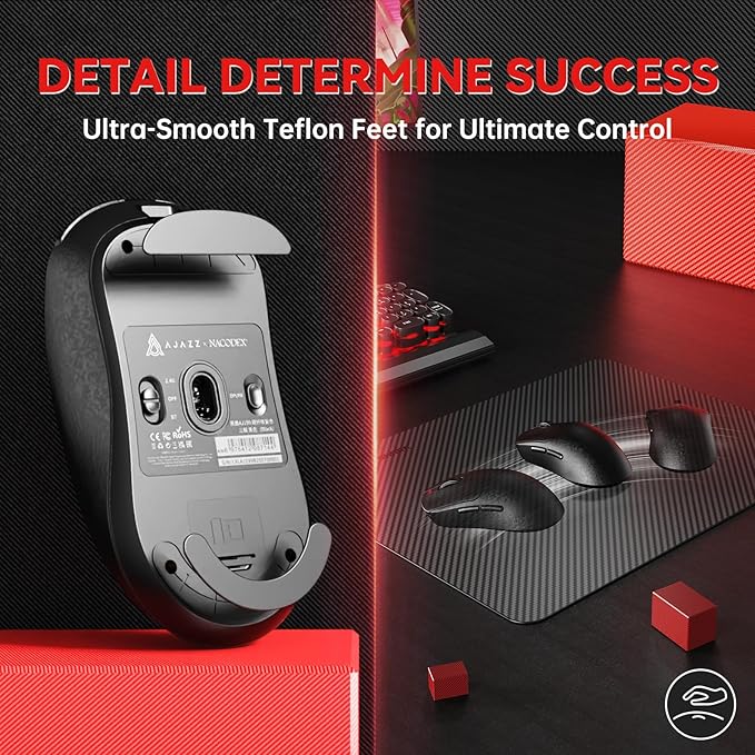 A.JAZZ Ajazz AJ199 Wireless Gaming Mouse Ultra-Lightweight 55g Tri-Mode Connection 24000 DPI PAW3311 Sensor Carbon Fiber Shell 500mAh Battery 1K Polling Rate Durable & Anti-Slip Design Black