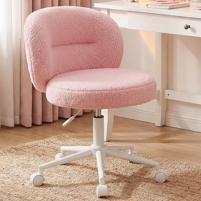 Homkdom Small Round Vanity Chair, Armless Home Office Desk Chairs with Back, Height Adjustable & 360° Swivel, Cute Comfy Vanity Computer Chair for Bedroom, Home Office, Pink