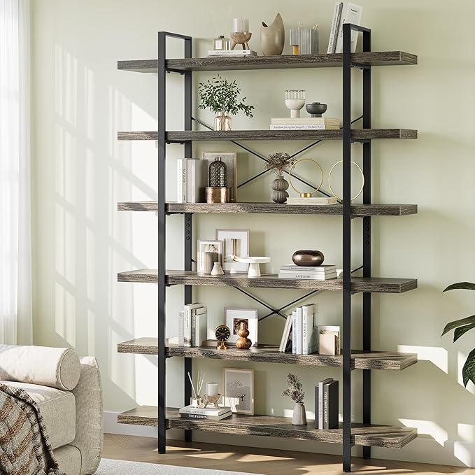 OtterOasis Bookshelf Set, Heavy Duty 6-Tier Industrial Bookcase, 47" Wide Wood Bookshelf for Home Office, 120lbs Shelf Capacity, Rustic Open Display with Horizontal Shelf for Living Room Bedroom, Grey