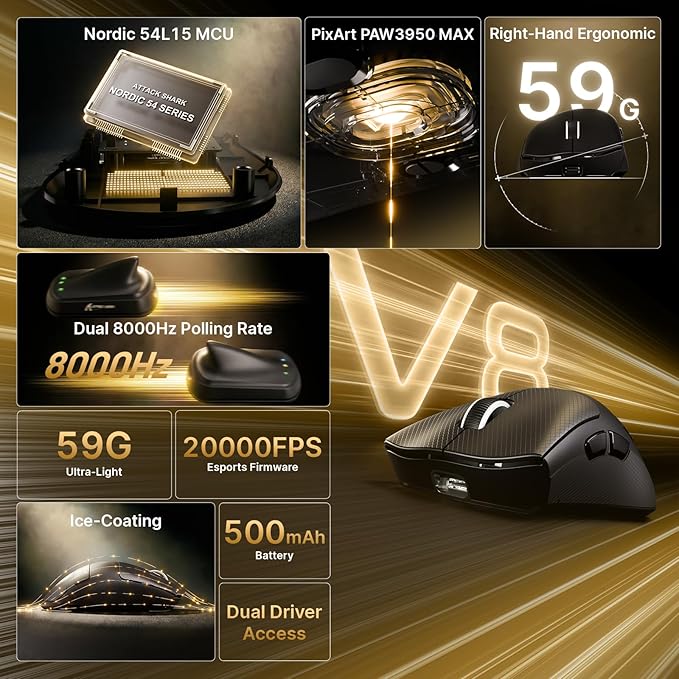 ATTACK SHARK V8 8K Wireless Gaming Mouse Whit 42000 DPI-PAW3950 MAX Sensor-59g Lightweight-Nordic54L15 MCU-400h Battery Life, Triple Modes,Gaming Accessories for PC/Laptop/Mac (Black Griptap)