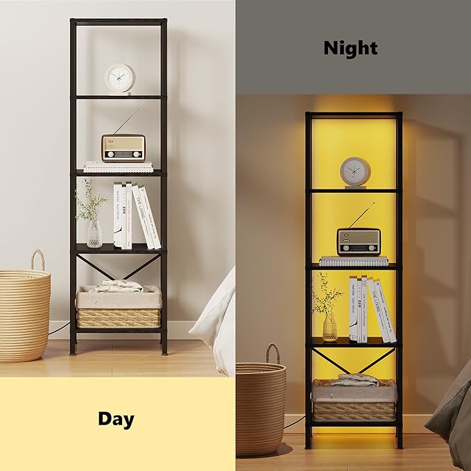 JARHETUN 5-Tier Bookshelf, Tall Narrow Bookcase with LED Lights, Book Shelf with Steel Frame, Display Storage Shelf for Living Room, Bedroom, Home Office, Study, Balcony, Black