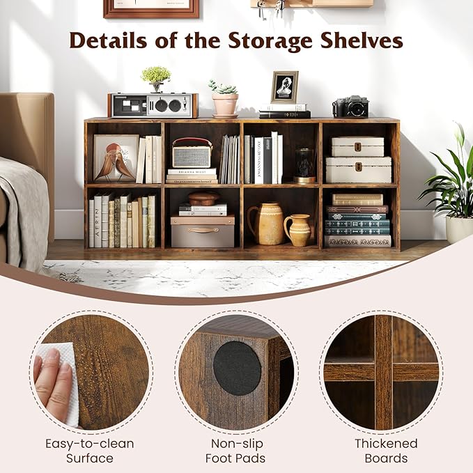 Tangkula 8-Cube Bookcase, Large Floor Standing Horizontal Bookshelf with 8 Open Shelves & 2 Anti-Tipping Kits, Home Office Wooden Storage Book Shelf for Living Room, Study (Rustic Brown, 8-Cube)