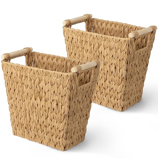 GRANNY SAYS Waterproof Wicker Desk Wastebasket with Handles – Natural (2-Pack)