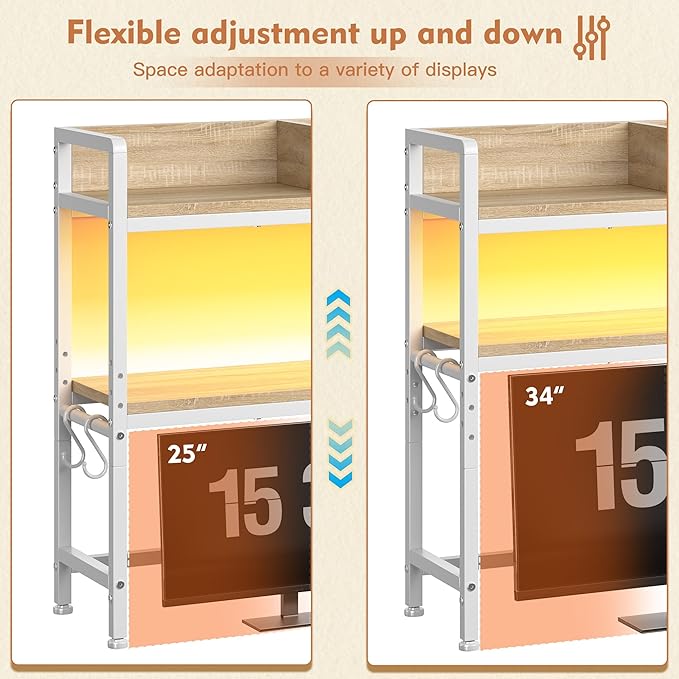 REIBII 45.2" Desk Shelf with LED Lights and Hooks,2-Tier Adjustable Multipurpose Solid Wood Desk Hutch Dorm,Desktop Organizer Rack with 3 Display Rack for Dorm,Office Home,White