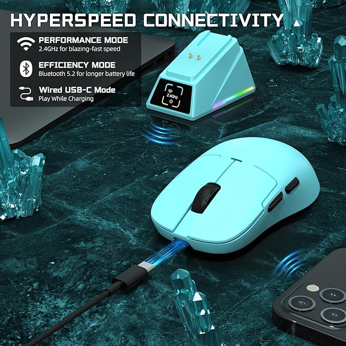 Yindiao AJAZZ AJ159 APEX Wireless Gaming Mouse with Magnetic Charging Base, 56g Lightweight BT/2.4G/USB-C Wired Mouse, PAW3950APEX 42K DPI Optical Sensor, Programmable Buttons for PC/Mac/Win(Blue)
