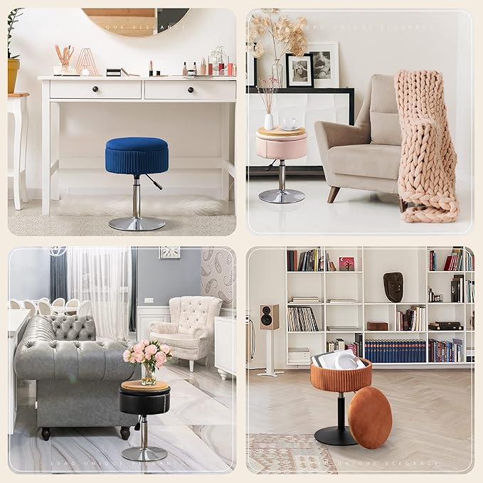 LUE BONA 360°Swivel Vanity Stool Chair for Makeup Room, Height Adjustable Stool for Vanity with Storage, Small Navy Blue Velvet for Bathroom, Living Room