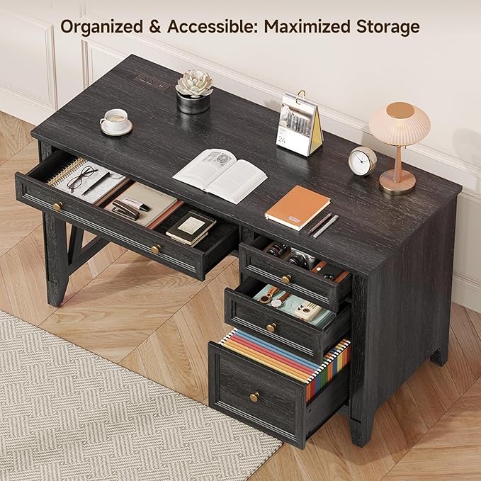 ONBRILL 54 Inch Farmhouse Executive Desk, Computer Desk with Drawers, Home Office Desk with Charging Station, for Working Studying Writing, Black