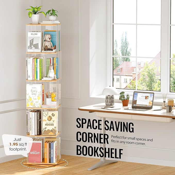 TAKEKIT 5-Tier Rotating Bookshelf, 360° Spinning Book Shelf Tower with Solid Wood & Clear Acrylic, Square Revolving Bookcase for Kids Room, Living Room, Bedroom and Office