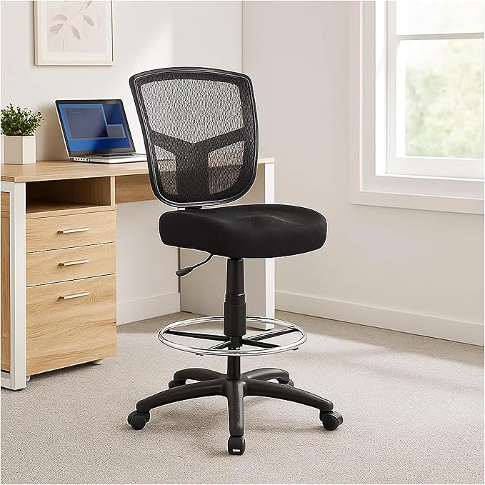 Benzara MEA Drafting Stool Chair, Adjustable Height, Black Mesh, Chrome Footring