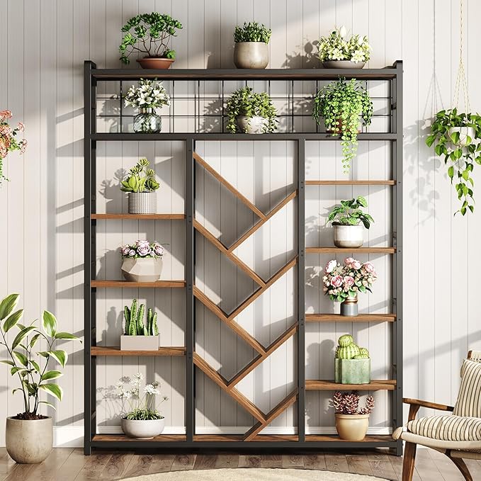 RALGEND Triple 7-Tier Bookshelf, Industrial Large Bookcase with 20 Open Display Shelves, Modern Tree Bookcase with Metal Frame and Hanging Function for Living Room, Home Office, Rustic Brown and Black