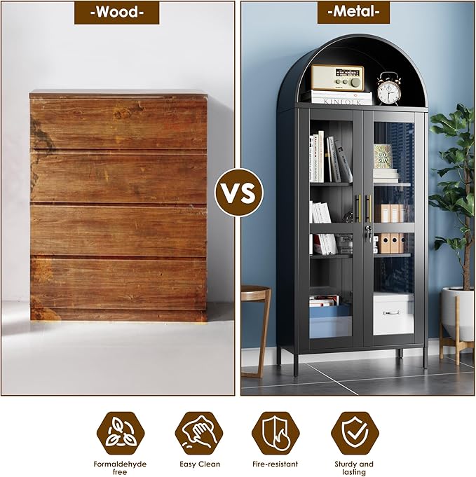 VEXPOR 73" Tall Arched Display Cabinet with Glass Doors, Metal Arched Curio Cabinet with Lock for Living Room, Home Office, Assembly Required