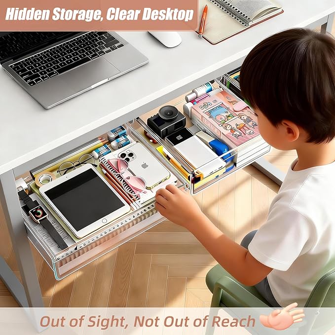 TooCust 3-Pack Under Desk Drawer for Desk with Frame & Beam, Fits Where Standard Drawers Can't, 52mm Heightened Slide Out Organizer, Dual Adhesive or Screw Mount, Clear PET Under Table Storage