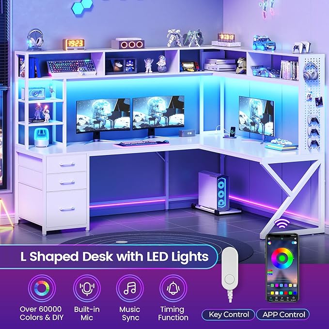 SEDETA Corner Computer Desk, Convertible 94.5" Gaming Desk with Storage Drawers, Hutch and Pegboard, L Shaped Office Desk with Power Outlet, LED Lights for Home Office, White