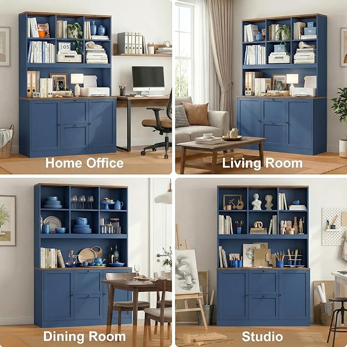 HIFIT 72'' Tall File Bookcase with Power Outlet & Printer Stand, 2 Drawer Filing Cabinets for Home Office Fit Hanging A4/Letter File, Storage Cabinet w/ 3 Tier Book Shelf & Doors for Living Room, Blue