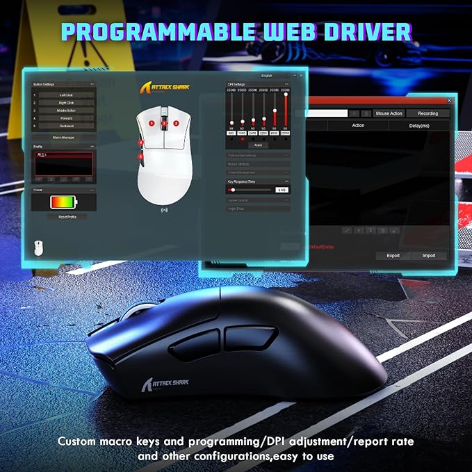 MAMBASNAKE ATTACKSHARK V3 Wireless Gaming Mouse,Adjustable 25K DPI PAW3311 Optical Sensor,Ergonomic 62g Lightweight 5 Programmable Buttons 500mAH Battery,2.4G/BT/USB-C Wired for PC/Mac-Black