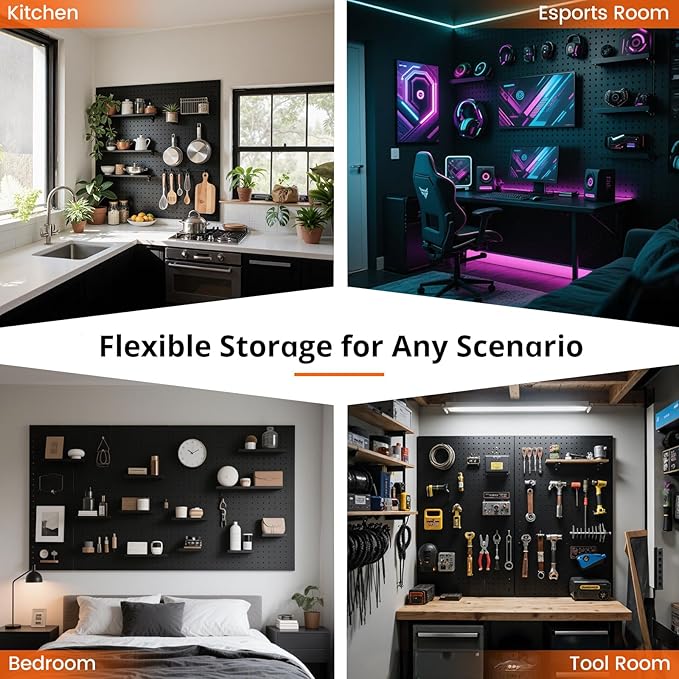 ENJOYWOOD Pegboard, 4 PCS 24"×16" Metal Peg Board Panels Black Modular Wall Organizer Kit with 40 Hooks, Dual-Size Hole Design for Home Tool Storage, Garage Organization, Kitchen, Office, Craft Room