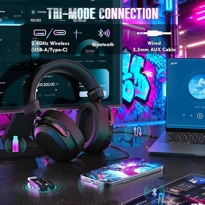 ATTACK SHARK L30PRO Wireless Gaming Headset,7.1 Surround Sound, 50mm Drivers,20ms Low Latency,Detachable Noise-Canceling Mic, Aluminum Alloy Frame,Tri-Mode Connectivity Over-Ear Headset-Black