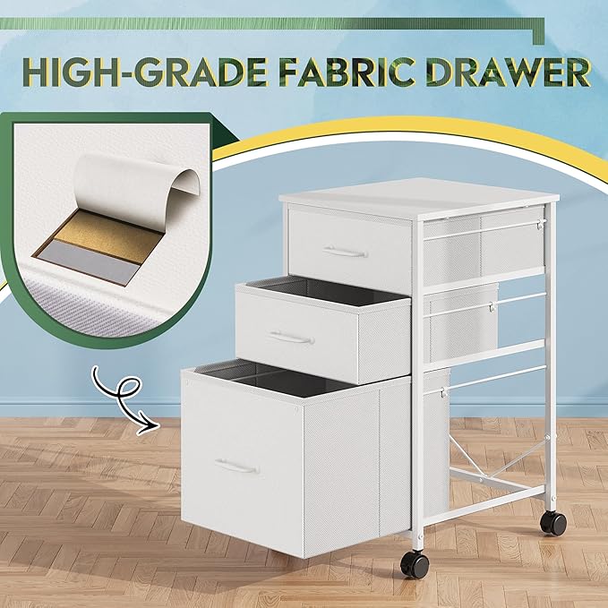 DEVAISE Mobile File Cabinet, Rolling Printer Stand with 3 Drawers, Fabric Vertical Filing Cabinet fits A4 or Letter Size for Home Office, White