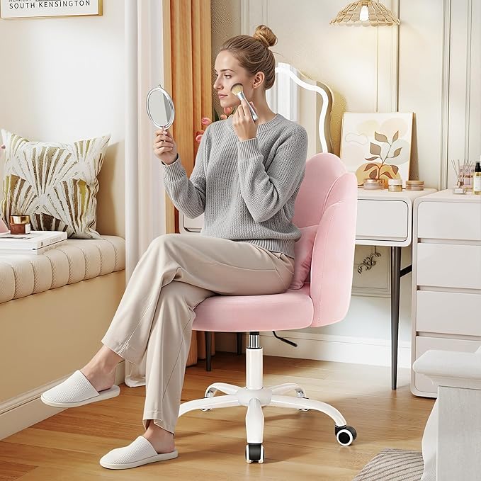 BestGlory Petal Vanity Chair with Wheels, 3.15" Extra Thick Comfy Makeup Chair, Adjustable Modern Swivel Armless Desk Chair for Girls Women, Aesthetic Small Office Chair for Bedroom Dorm