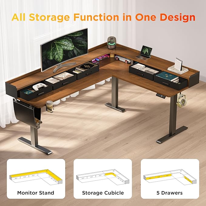 WALKINGDESK 75 Inches Height Adjustable L Shaped Standing Desk with 5 Drawers and Monitor Shelf, Electric Sit to Stand Home Office Comupter Table, Ergonomic Corner Gaming Desk, Black Walnut