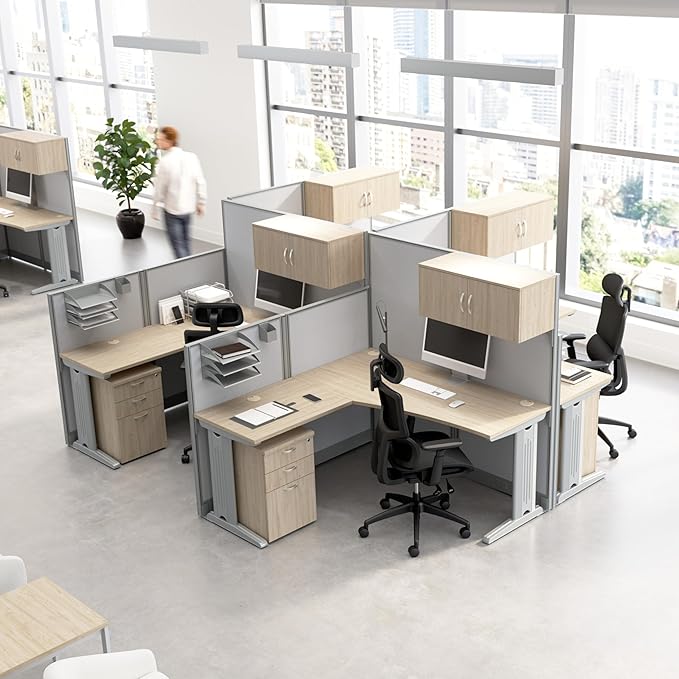 Bush Business Furniture 4 Person L Shaped Cubicle Desks with Storage, Drawers, and Organizers, Office in an Hour Collection, Natural Elm