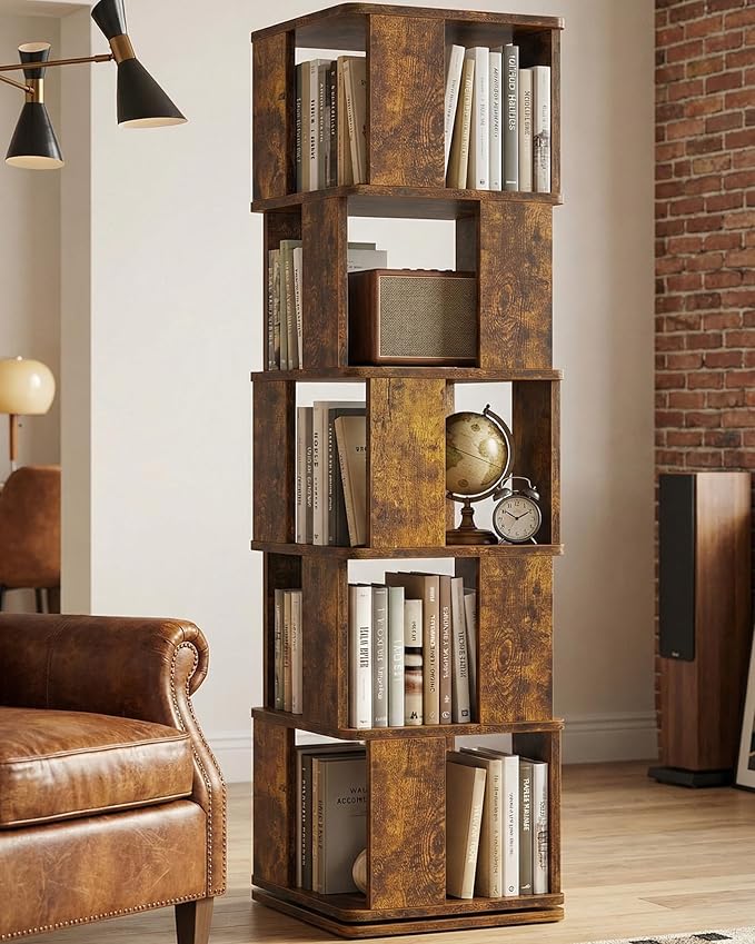 Foxemart 5-Tier Rotating Bookshelf Tower, 360° Spinning Modern Book Storage Bookcase, Stable Display Corner Book Shelf for Kids Room, Living Room, Bedroom, Home Office, Rustic Brown