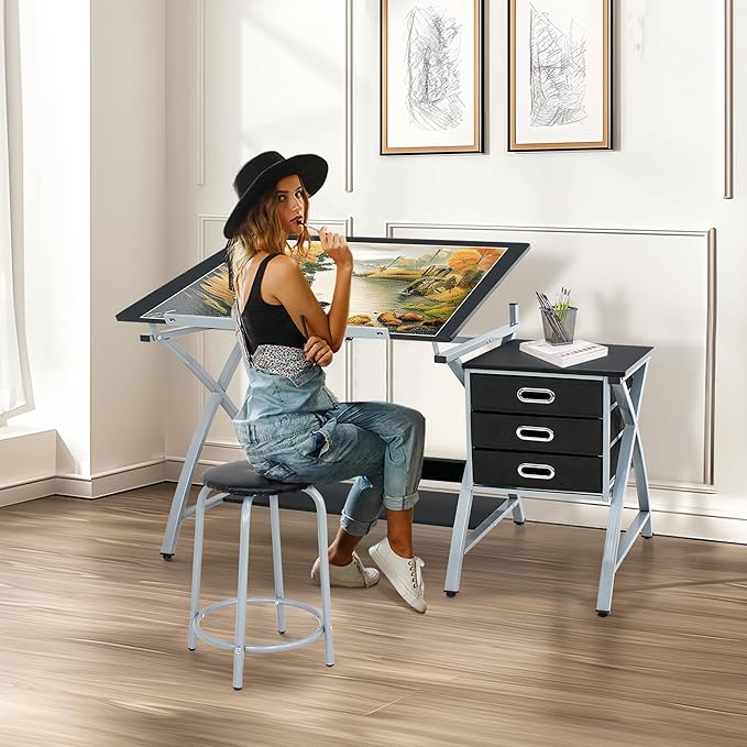 ZENY Drafting Table and Stool, Tilted Draft Table Desk w/Drawers, Artist Drawing Desk Craft Table for Drafting, Painting, Reading, Writing