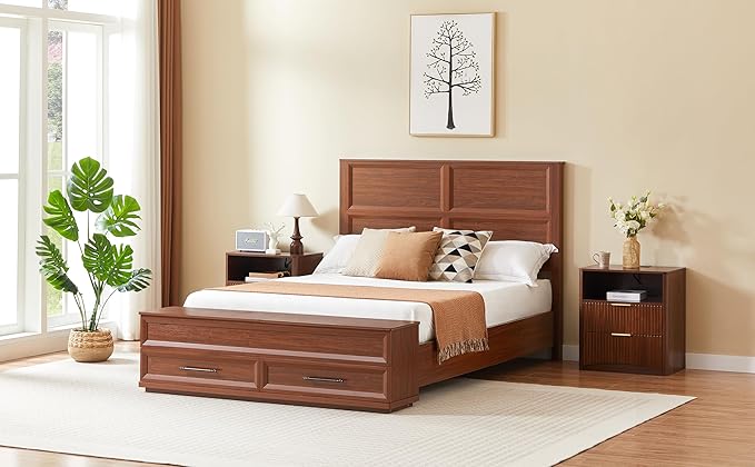 Queen Size Bed with 3D Geometric Headboard & Storage Bench - 4-Drawer Storage, Modern Bedroom Furniture, Walnut. The 3D geometric grid pattern on the headboard exudes modern charm, blending refineme