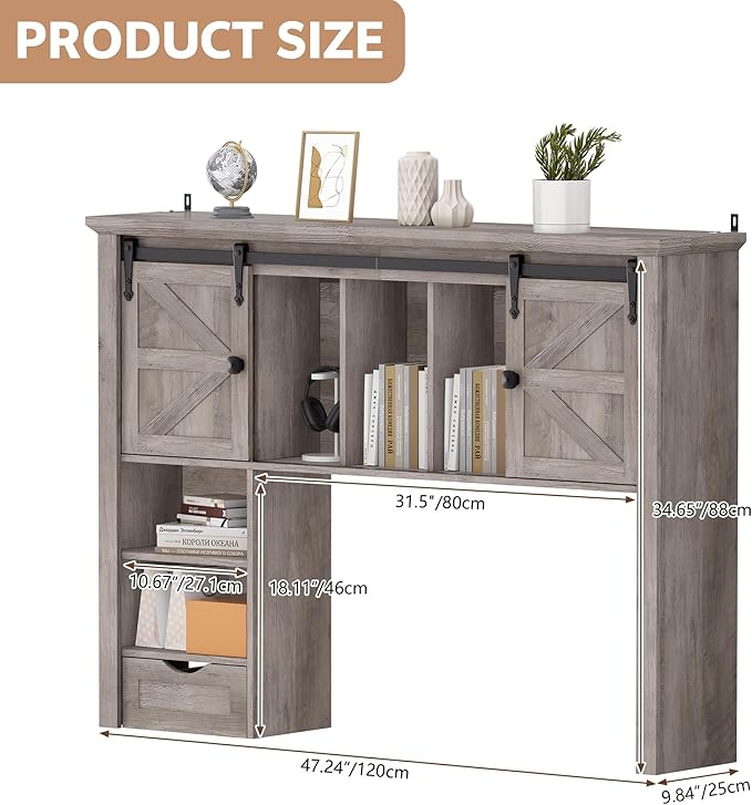 Large Desktop Bookshelf with Sliding Barn Door, 47.2''W Desk Shelf Display Rack, Desktop Organizer Storage Rack with 7 Cubbies and Drawer, Home, Desk Shelf for Office, Dorm, Vanity, Grey