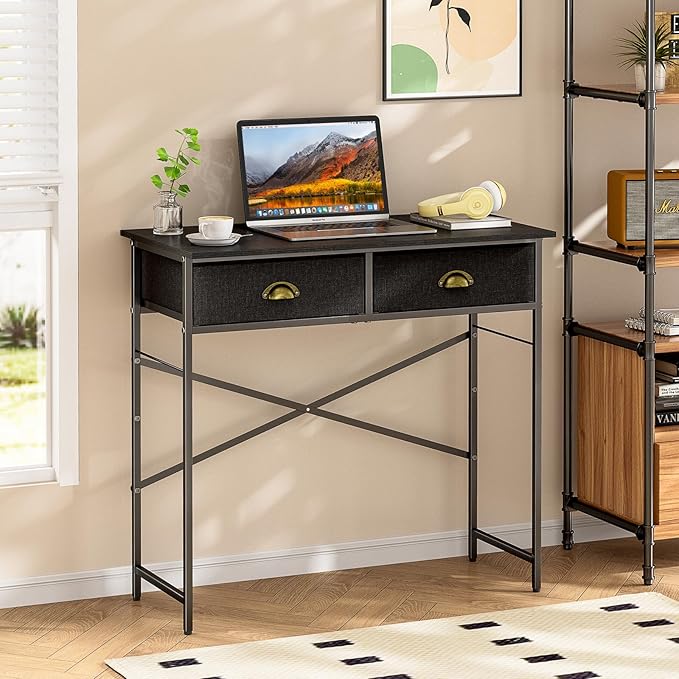 DAOUTIME Black Writing Desk for Kids Bedroom, 31.5 Inch Small Computer Desk for Small Spaces, Simple Desk with 2 Fabric Drawers for Home Office, Dorm, Living Room, Home Study Table, Black