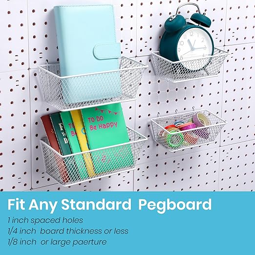 Sieral 4 Pcs Pegboard Baskets Metal Wire Shelf Baskets Peg Board Organizer Accessories Wall Mount Organizer Attachments for Garage Workbench Various Tool Accessories, 2 Sizes (White,Small, Medium)