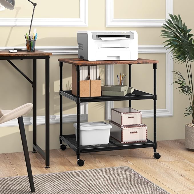 Giantex Printer Stand, 3-Tier Industrial Printer Cart with Lockable Wheels, Adjustable Shelves, Metal Frame, Mobile Under Desk Shelf for Home Office, Printer Table Fit Fax Machine, Scanner (Brown)