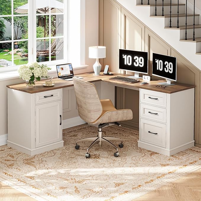 Farmhouse 59" L-Shaped Executive Desk with Drawers, Wood Home Office Corner Desk with Charging Station, File Drawer, Storage Cabinet, Rustic Computer Writing Desk for Home Office (Unique White)