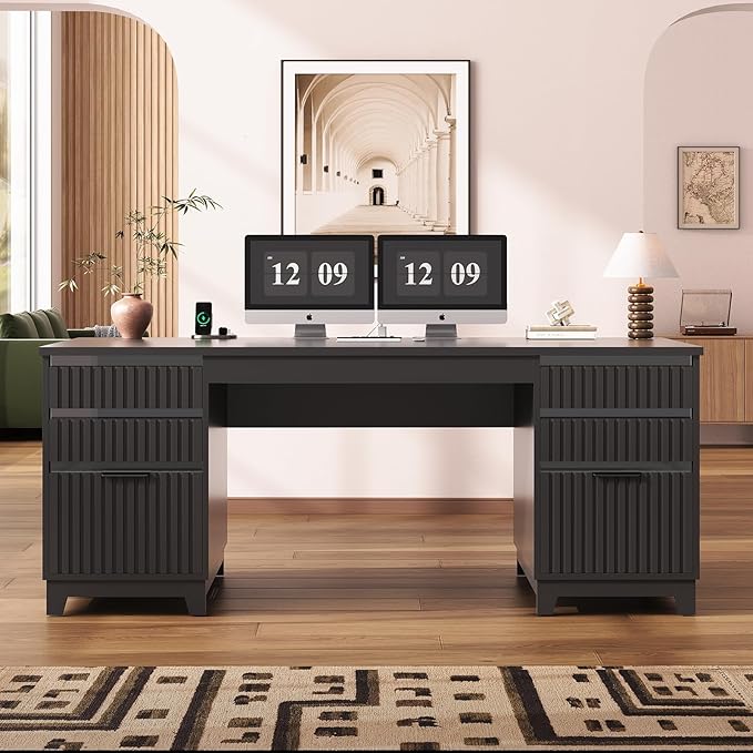 SEDETA 55.1" Fluted Office Desk with 6 Drawers, Modern Executive Desk with Acrylic File Drawers, Computer Desk with Power outlets for Home Office and Study (Black)